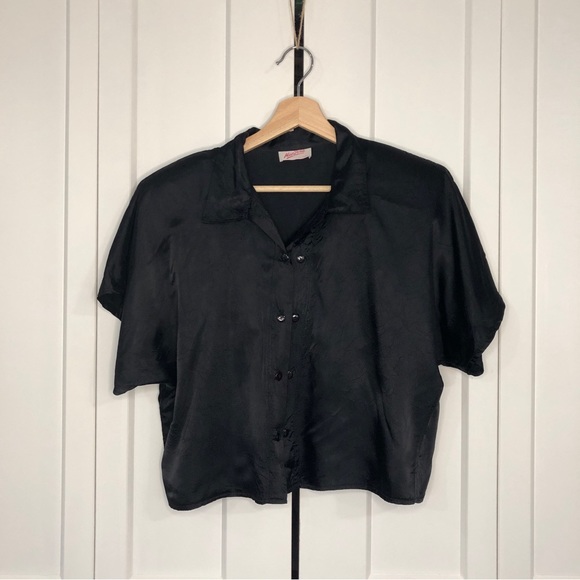 Vintage 80s Mariposa cropped black satin button up blouse / S - Picture 9 of 9